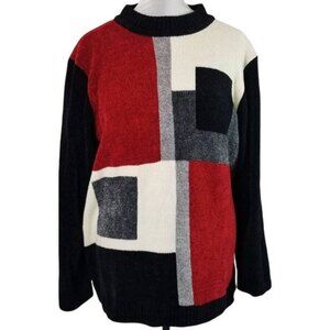 Alfred Dunner Womens Colorblock Pullover Sweater Black Red Ribbed Crew Plus 1X